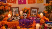Una ofrenda de día de muertos para mascotas. en la mesa hay una foto de un perro y otra de un gato, rodeadas de cempasúchil, veladoras, papel picado y dos platos con croquetas. 