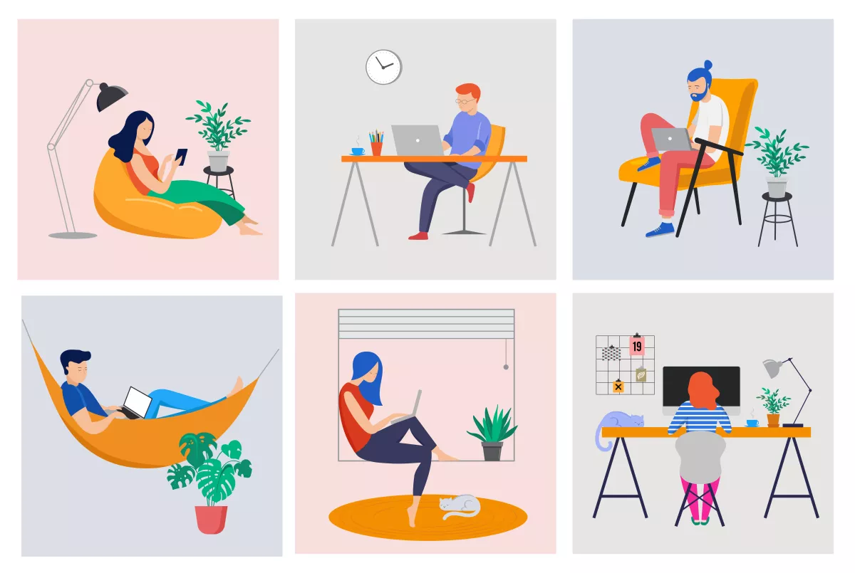 Working at home, coworking space, concept illustration. Young people, man and woman freelancers working at home. Vector flat style illustration