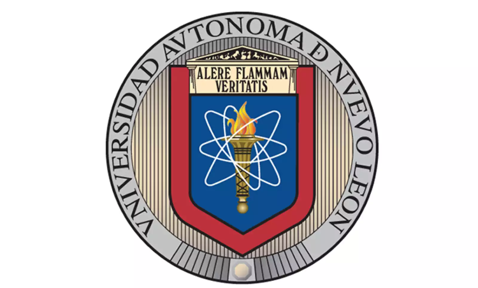 El logo de la Universidad Autónoma de Nuevo León refleja la visión del exrector Enrique Livas con la antorcha, flama, y elipse de electrón que acompañan la frase: Alentando la llama de la verdad”.