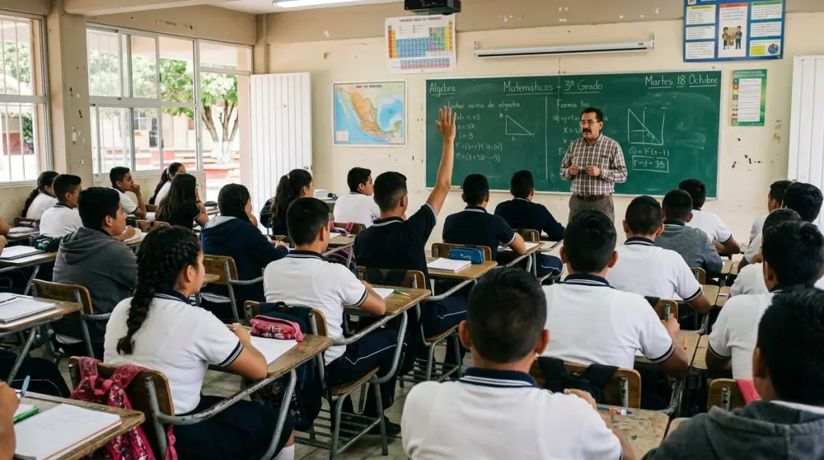 Maestro imparte clases en un salón de secundaria en México.