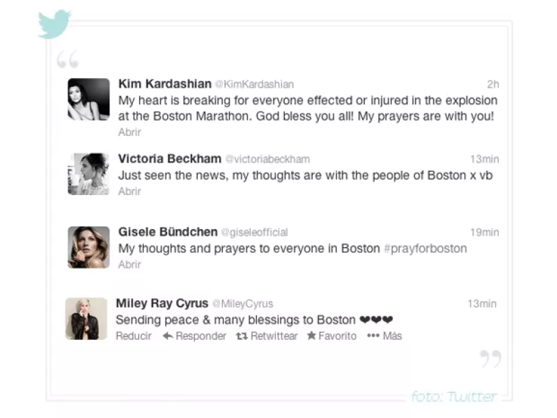 Victoria Beckham, Miley Cyrus, Ricky Martin y  Kim Kardashian son algunos de los que han expresado su sentir sobre las explosiones ocurridas durante el maratón este lunes.