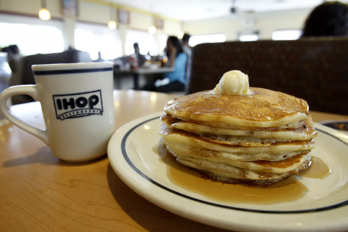 A stack of pancakes are pictured at an IHOP restaurant in Los Angeles