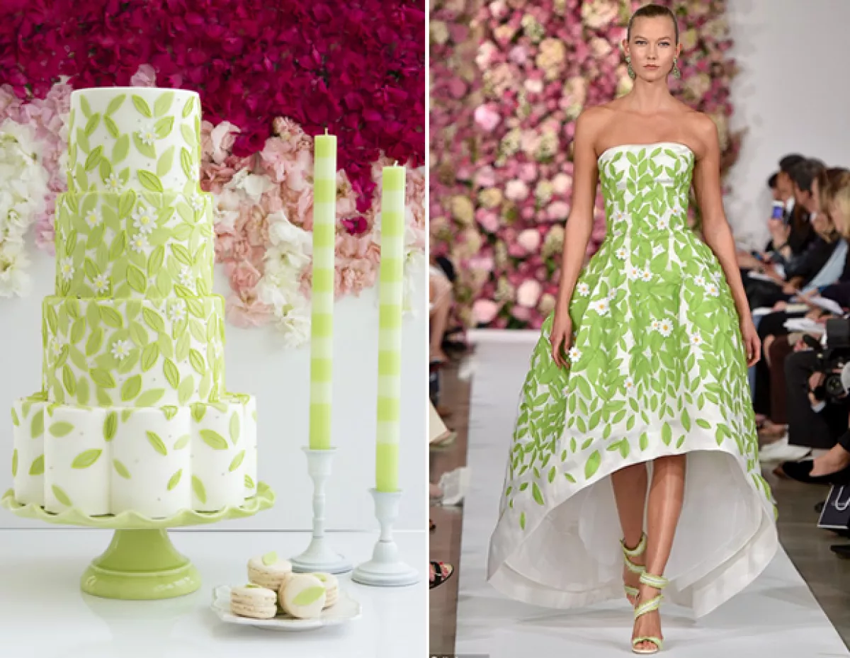 Este pastel toma referencias del vestido que Karlie Kloss llevó a la última pasarela de Oscar de la Renta.