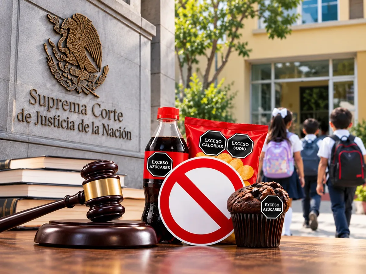 Composición ilustrativa de la Suprema Corte de Justicia de la Nación, un mazo judicial, refresco, frituras y un pan con sellos de exceso, junto a un símbolo de prohibición y estudiantes que ingresan a una escuela.