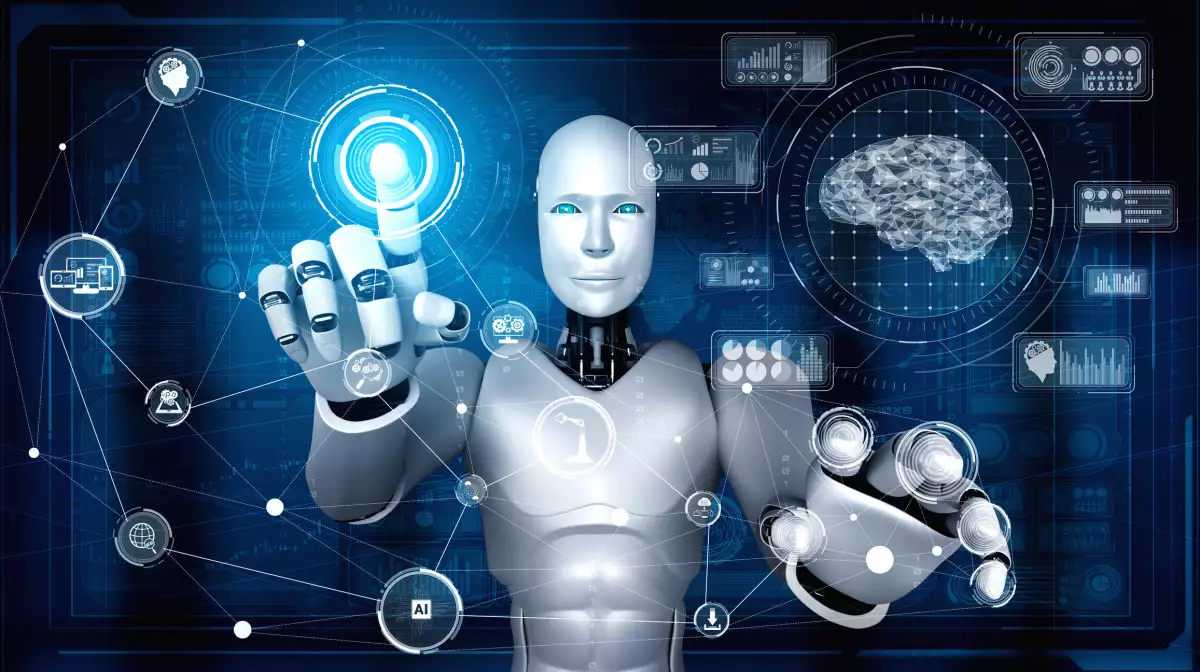 AI humanoid robot touching virtual hologram screen showing concept of AI brain