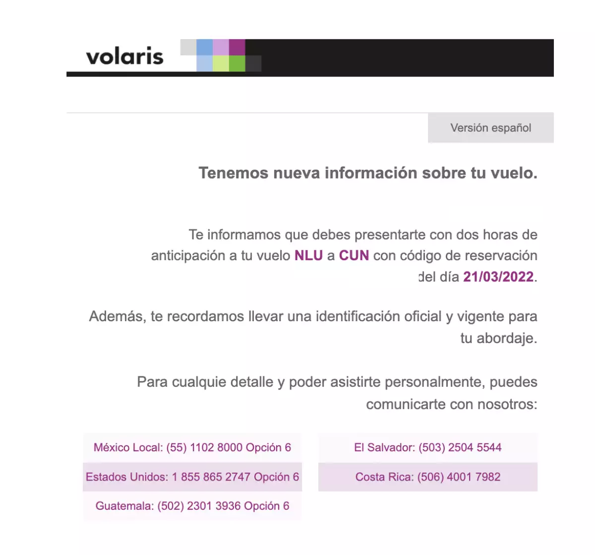 Volaris captura de pantalla vuelo dos horas