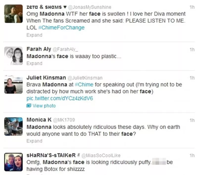 Durante el concierto de caridad "The Sound of Change" en Londres, la reina del pop dio un discurso revolucionario, mientras tanto, los presentes comentaban en Twitter su hinchada apariencia.