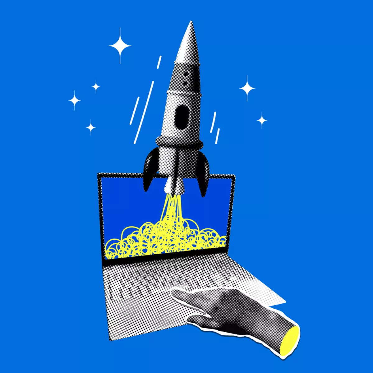 Halftone hand presses start button on laptop. Rocket flies out of the laptop screen.