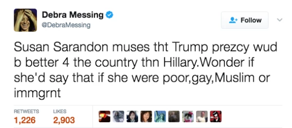 El tuit de Debra Messing contra Susan Sarandon
