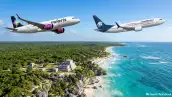 Un avión de Volaris y otro de Aeroméxico sobrevuelan el Parque Jaguar en Tulum.