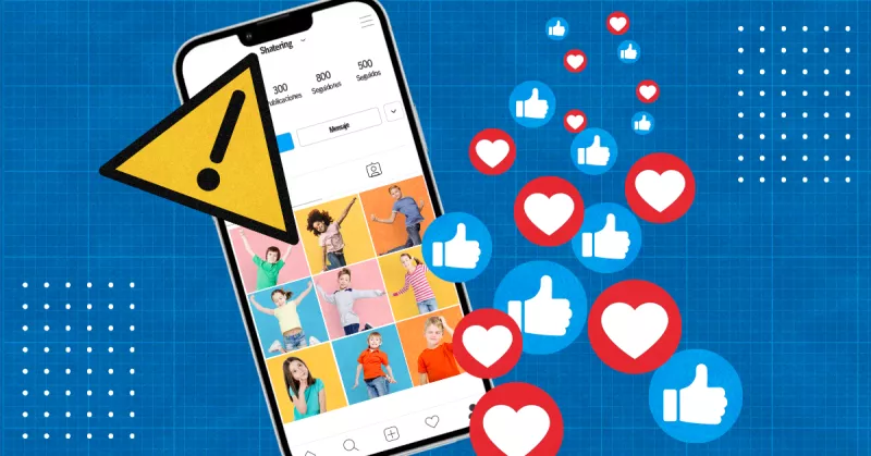 El sharenting es una práctica muy común en redes sociales. (Un celular con fotos de niños en la pantalla e iconos de riesgo y de like). 