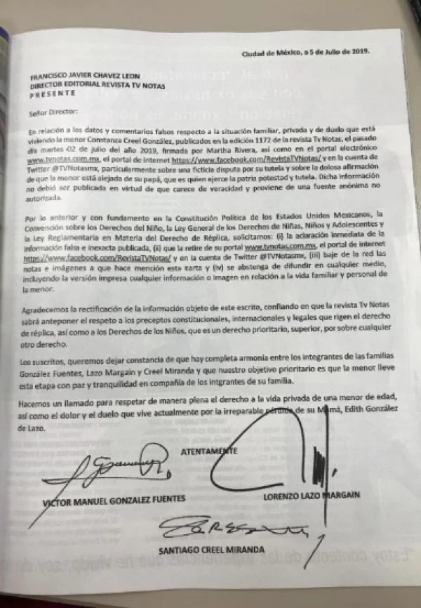 Carta firmada por Lorenzo Lazo, Víctor Manuel González y Santiago Creel.