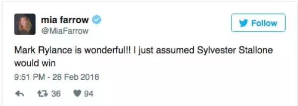Ante esta situación algunos famosos reaccionaron en Twitter, entre ellos Mia Farrow, quien felicitó a Mark, pero dijo que esperaba que Sylvester ganara.