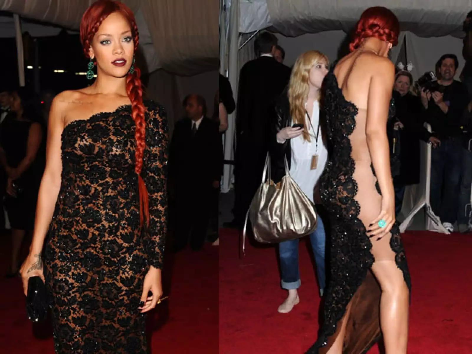 Rihanna siempre logra verse sexy y durante la gala del Met lo logró con este vestido de encaje que de un lado era totalmente transparente.