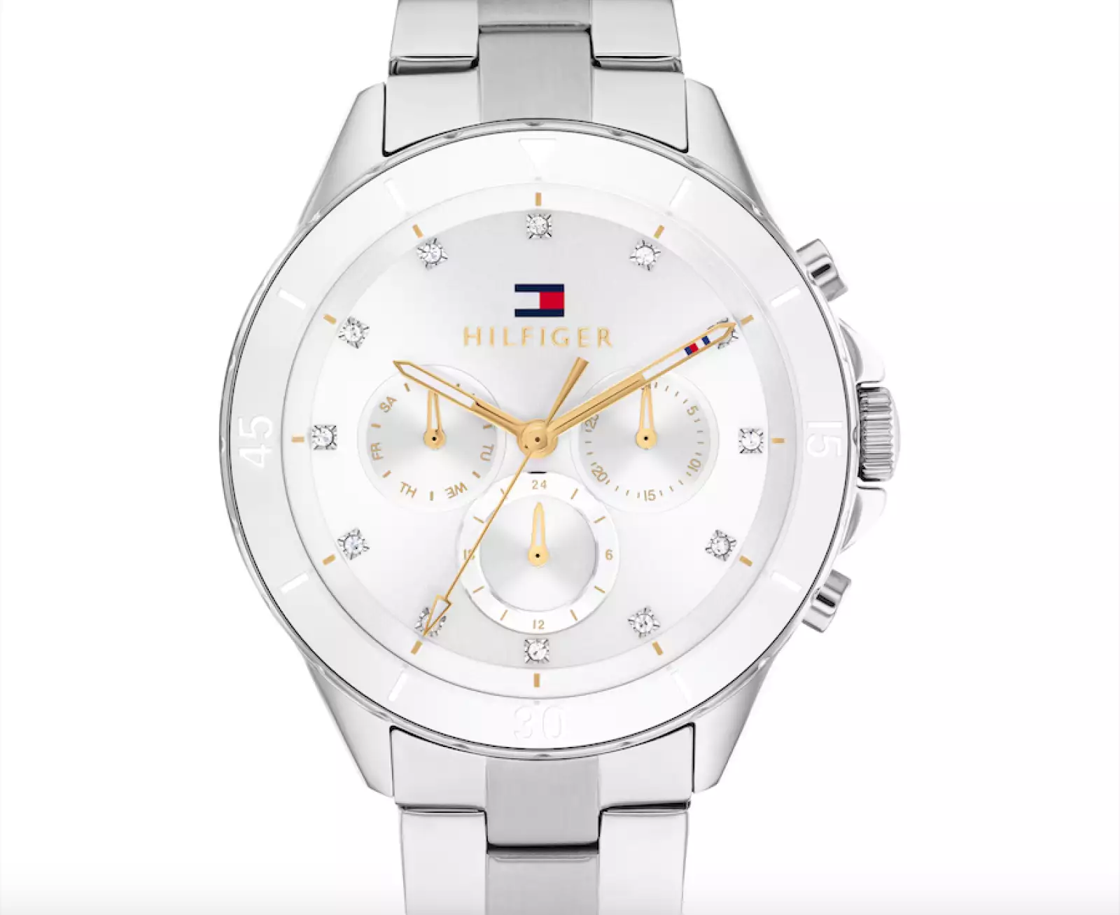 Imagen de reloj Tommy Hilfiger de acero inoxidable con esfera blanca.

