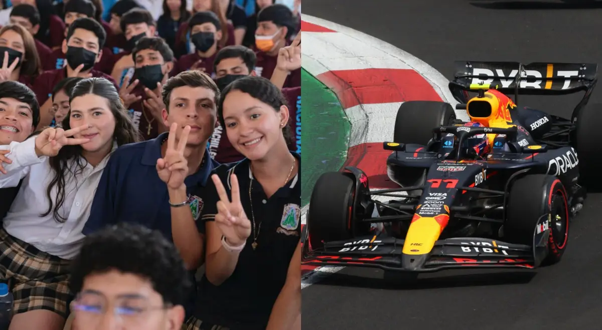 Jóvenes estudiantes de bachillerato (izquierda) y un auto de la Fórmula 1 (derecha).
