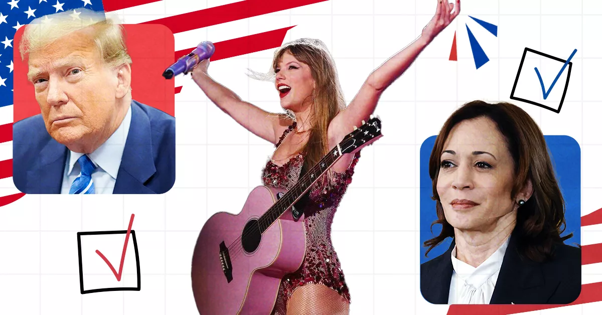 Combinación de fotos del candidato republicano a la presidencia, Donald Trump, la cantante Taylor Swift, y la candidata demócrata a la presidencia de Estados Unidos, Kamala Harris. 