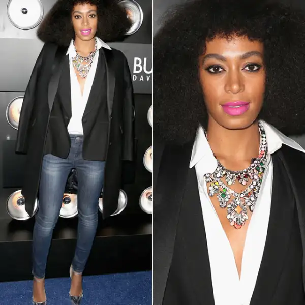 Playboy Party, 2014: La cantante vistió casual para la ocasión con jeans, pointy heels, camisa blanca, saco negro y un statement necklace. Su afro obviamente causó sensación, al igual que su delineado tipo cat eye y sus labios rosa flash.