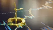 Golden Renewable Energy Symbol With Financial Graph in Background