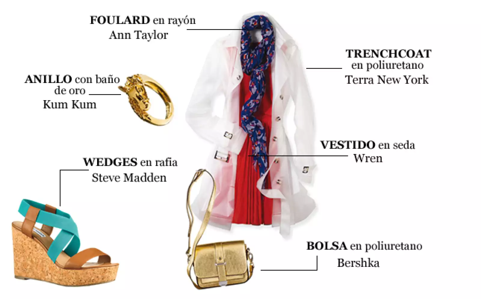 Nada más clásico que un abrigo trench para esos días de lluvia.  Pero busca uno como éste que es transparente para lucir tu vestido y el foulard al mismo tiempo. Dale un toque primaveral al conjunto y utiliza colores alegres en los accesorios.