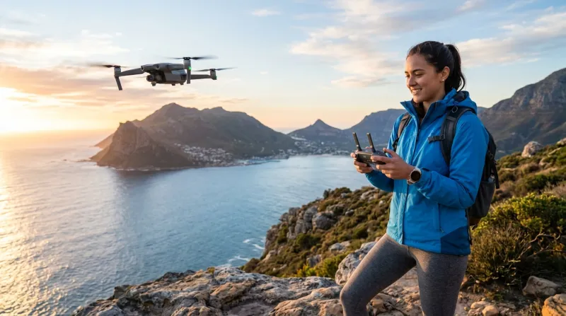 Mujer vuela un dron cerca del mar, entre las montañas, para obtener un clip de video para redes sociales.