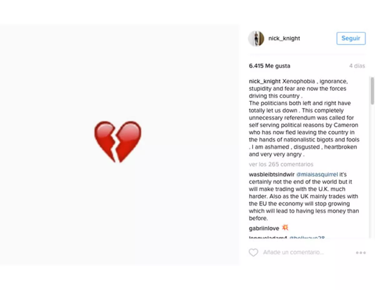 El fotógrafo Nick Night está muy molesto por el resultado a favor del Brexit. Ésta es la primera de tres publicaciones en la que comparte su descontento en Instagram.