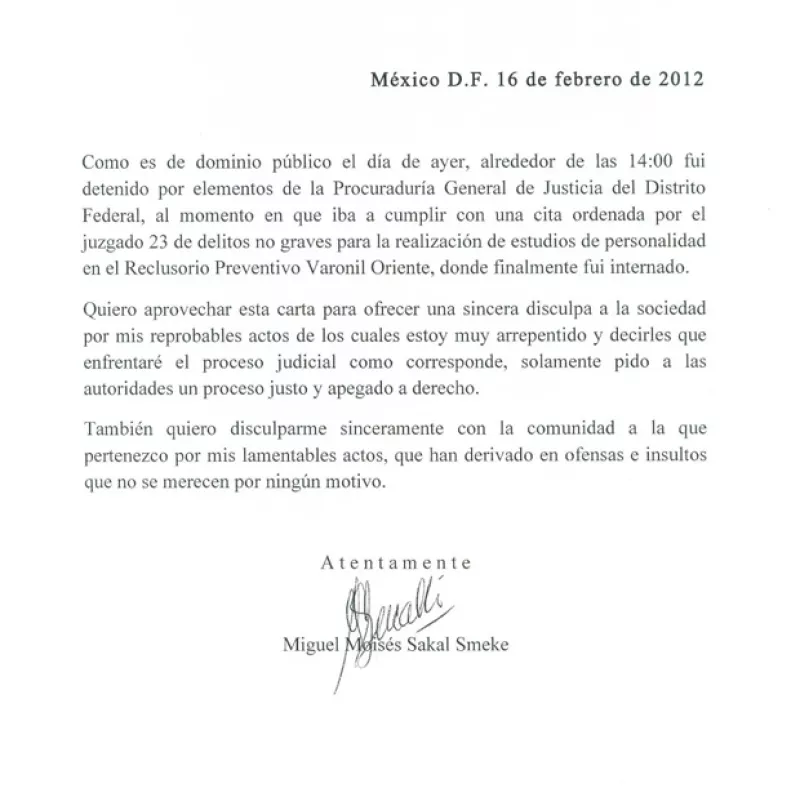 Después de su detención por agresión en contra de un empleado de un valet parking, el empresario emitió una carta en la que se dice arrepentido y dispuesto a hacer frente al proceso legal consecuente.