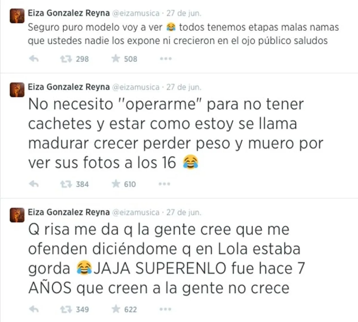 La mexicana respondió a través de varios tuits a quienes critican su figura y su rostro.