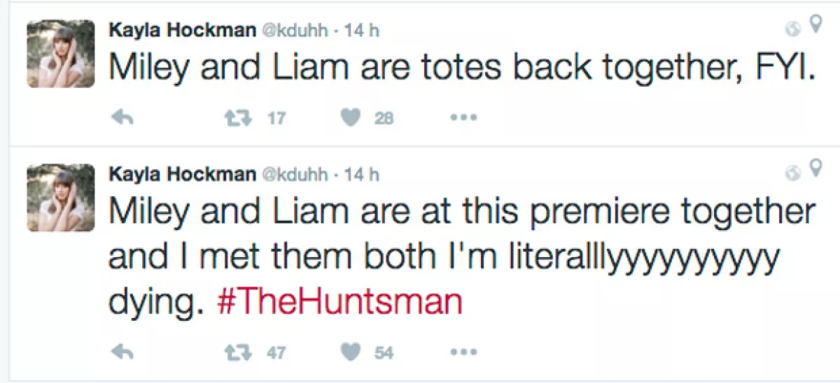 Miley y Liam están en esta premiere juntos, los conocí y literalmente estoy muriendoooo. #TheHuntsman… Miley y Liam están juntos, para su información, explicó  Kayla Hockman, una asistente de PR.