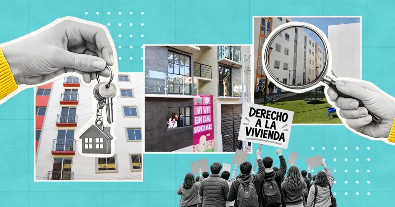 Imágenes de casas y edificios y una protesta por el derecho a la vivienda. 
