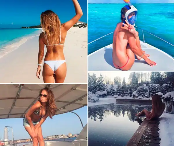 Las niñas ricas en bikini a bordo de yates.