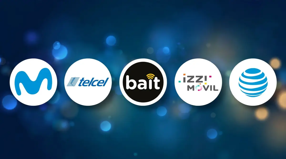 Logos de Movistar, Telcel, Bait, Izzi Móvil, AT&T en círculos, sobre un fondo azul con destellos amarillos y azules.