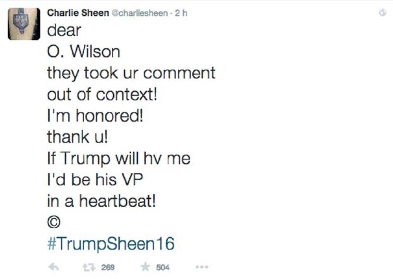 Con este tuit, Charlie hizo "oficial" su propuesta hacia el candidato a la presidencia de Estados Unidos, y al mismo tiempo su respuesta a Owen.