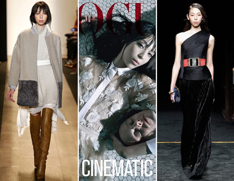 En BCBG otoño 2015. / En abril de 2014 apareció en la portada de Vogue Italia, fotografiada por Steven Miesel. / En la pasarela de Balmain de otoño 2015.