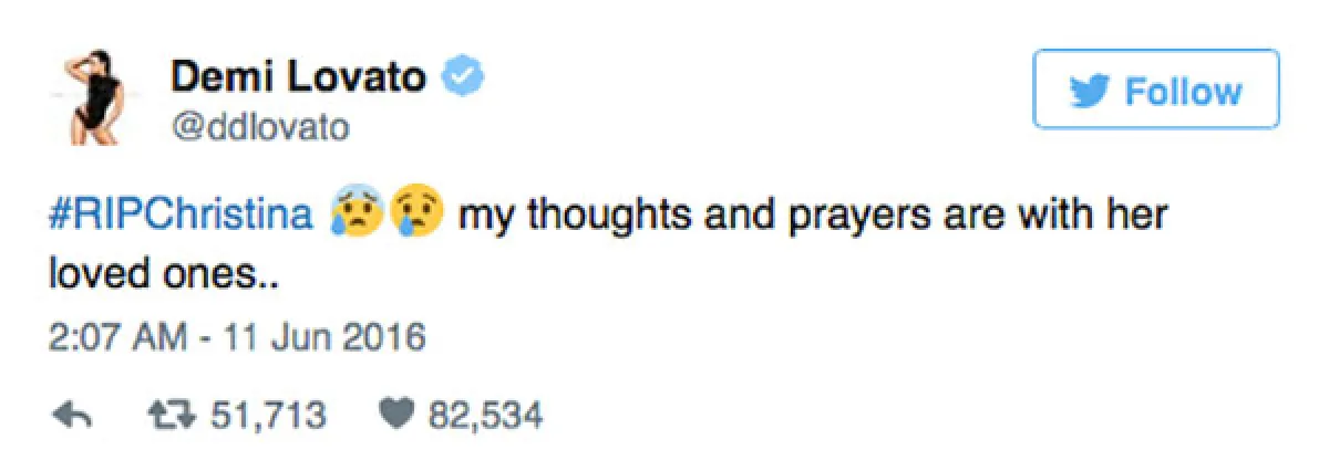 Demi fue otra de las cantantes que mandó sus condolencias a través de redes sociales.