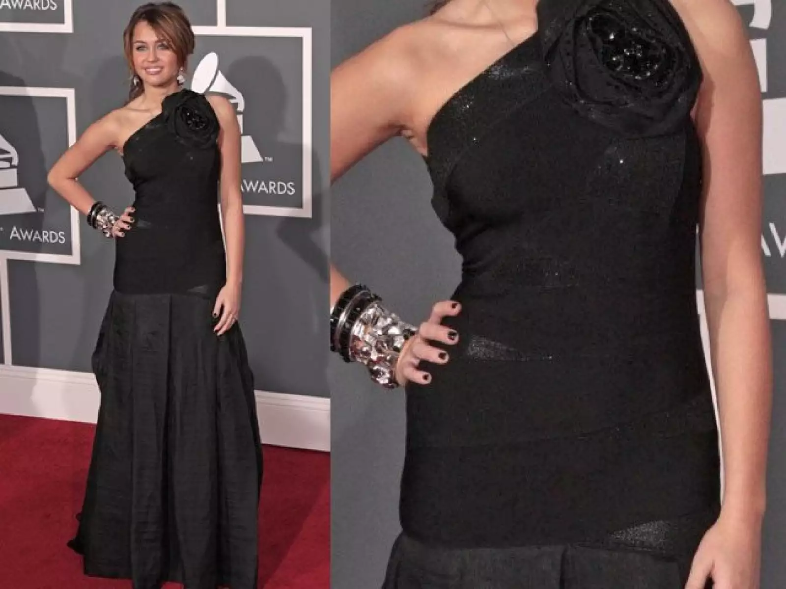 Miley Cyrus lució muy guapa en la entrega de los Grammy´s con este vestido largo negro.