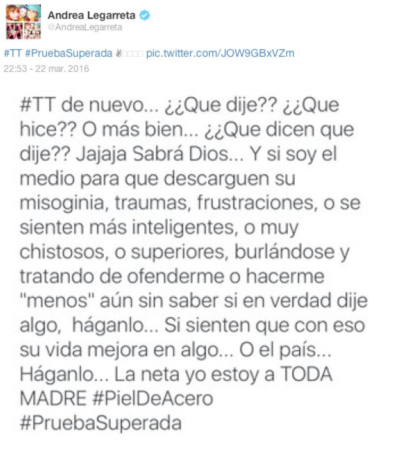 Su mensaje tras verse como TT en Twitter.