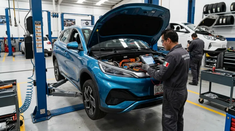 Técnico revisa un automóvil eléctrico azul dentro de un taller, con el cofre abierto y equipo de diagnóstico en mano.