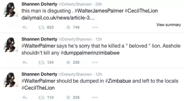 Shannen ha estado muy activa en su cuenta de Twitter compartiendo enlaces de peticiones y fotografías de Cecil.