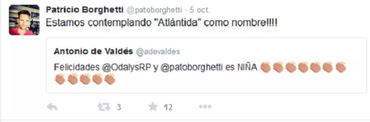 Con este tuit y otros más, Patricio dio a conocer en sus redes sociales que tanto él como su pareja estaban esperando una niña.