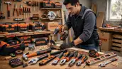 Trabajador mexicano con ropa de trabajo azul en taller de carpintería, sosteniendo un taladro inalámbrico Truper naranja y negro, rodeado de herramientas manuales y eléctricas de la marca sobre mesa de madera.