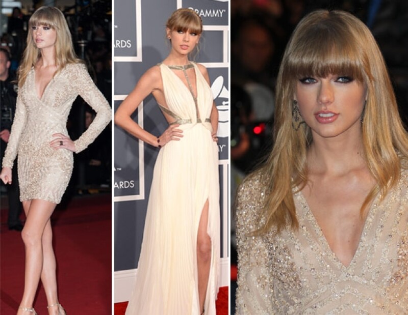 Extremos: el vestido Elie Saab que usó para Cannes. Centro: premios Grammy 2013, ceremonia que abrió la cantante con una espectacular presentación.
