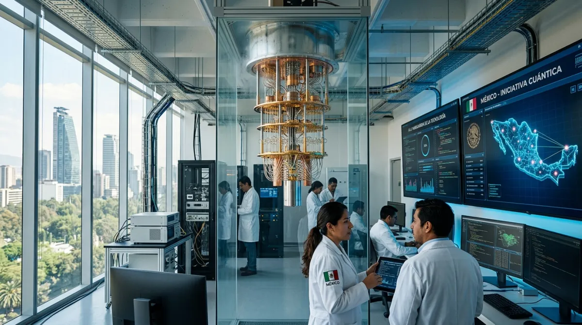 Imagen de una computadora cuántica y una representación de científicos mexicanos que analizan y trabajan con esta tecnología para estar a la vanguardia en este tema.