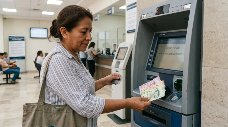 Mujer retira dinero de una sucursal bancaria.