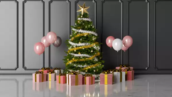Christmas tree with gifts and balloons