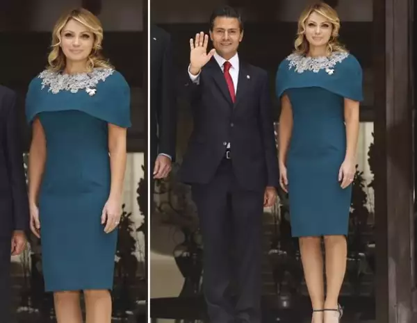 Para la comida con los reyes españoles, la primera dama mexicana utilizó un vestido Benito Santos con capa y aplicaciones.