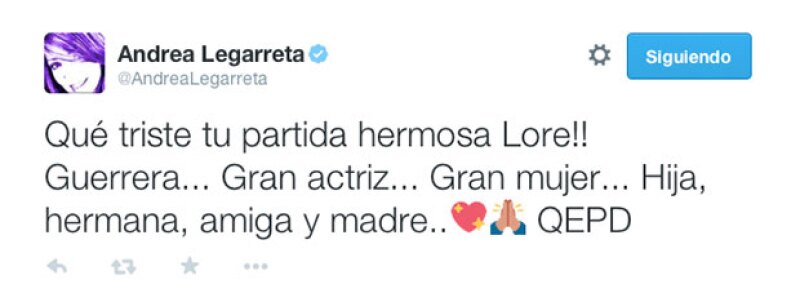 Así como su esposo, Andrea Legarreta lamentó la pérdida.