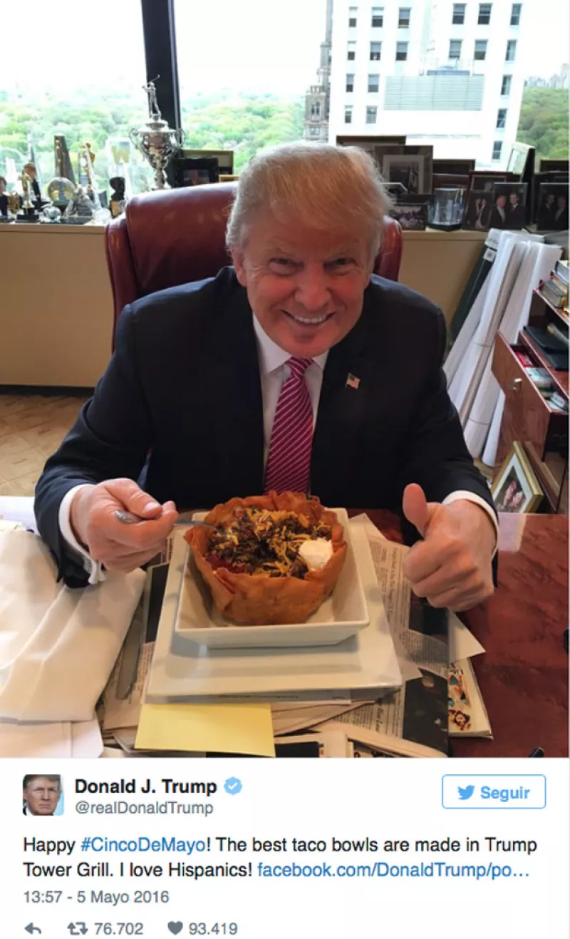Ayer el virtual candidato presidencial a EU decidió “celebrar” el 5 de mayo comiendo un “taco bowl” y declarando su amor po los hispanos, lo que obvio desató críticas, burlas y claro, ¡muchos memes!