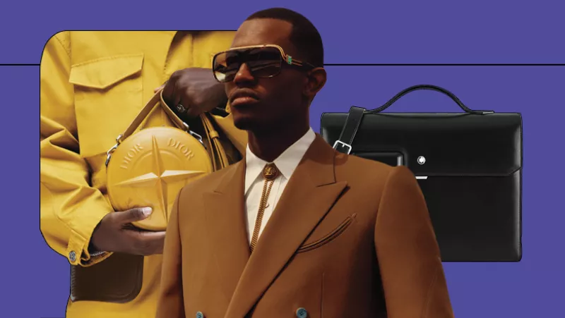 Foto collage con la imagen de un modelo con lentes Louis Vuitton, detrás el bolso Dior amarillo y el portafolio negro Meisterstück de Montblanc.