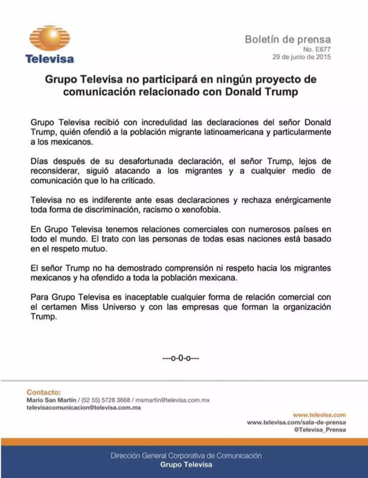 Este fue el comunicado que Televisa mandó, en el que dejan clara su postura sobre Donald Trump y sus declaraciones hacia México.